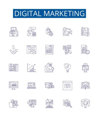 Dijital pazarlama çizgisi simgeleri ayarlandı. Dijital, Pazarlama, SEO, Sosyal, Medya, Analiz, PPC, Reklam ana hatları vektör çizimleri tasarım koleksiyonu