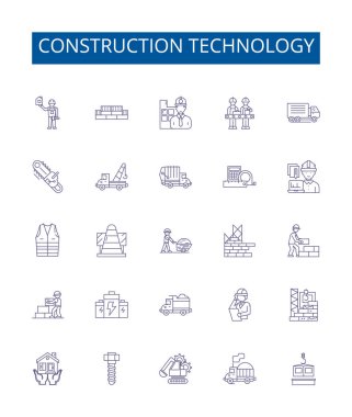 İnşaat teknolojisi çizgisi simgeleri ayarlandı. İnşaat, Teknoloji, İnşaat, Mühendislik, Tasarım, Robotik, Otomasyon, Malzeme ana hatları vektör çizimleri tasarımı