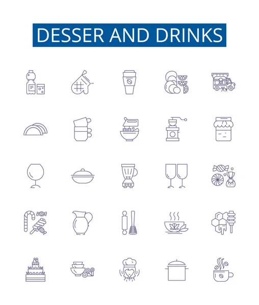 Desser Bebidas Línea Iconos Letreros Establecidos Colección Diseño Postres Bebidas — Vector de stock