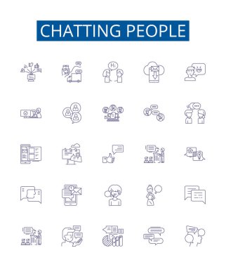 Sohbet eden insanların çizgi simgeleri ayarlandı. Conversing, Chatting, Connecting, Interacting, Gossiping, SMS, Comsing, Comicating Outline vektör çizimlerinin tasarım koleksiyonu