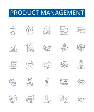 Ürün yönetimi simgeleri ayarlandı. Ürün, Yönetim, Planlama, Tasarım, Geliştirme, İyimser, Çalıştırma, Araştırma ana hatları konsepti çizimleri koleksiyonu