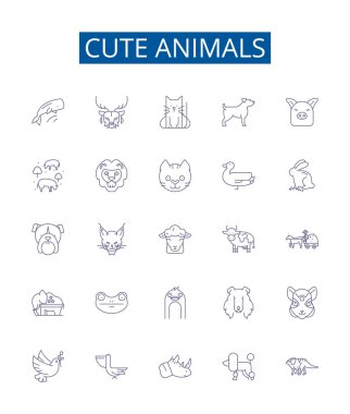 Sevimli hayvan çizgisi simgeleri ayarlandı. Furry, Kittens, Pups, Pluffy, Puppy, Cuddly, Bear, Bunny outline vektör çizimleri tasarım koleksiyonu