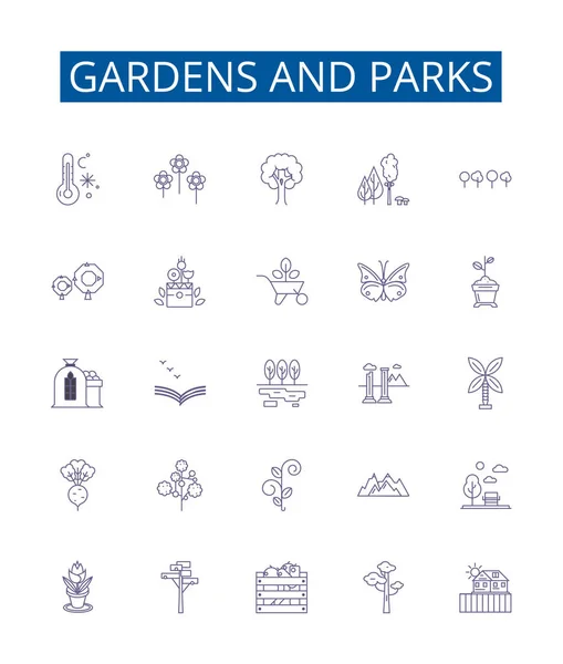 Kertek Parkok Vonal Ikonok Táblák Beállítva Kertek Parkok Növényzet Növényvilág — Stock Vector