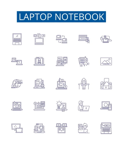 Laptop Notebook Linea Icone Segni Impostati Raccolta Design Laptop Notebook — Vettoriale Stock