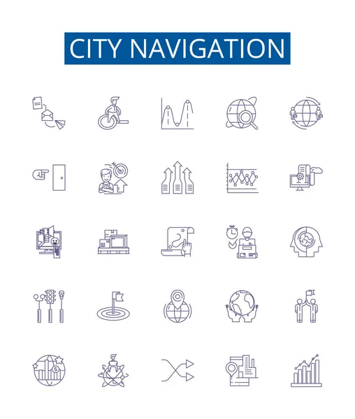 Linha Navegação Cidade Ícones Sinais Definidos Desenho Coleção Mapa Gps — Vetor de Stock