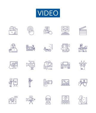 Video çizgisi simgeleri ayarlandı. Movie, Clip, Film, Stream, YouTube, Broadcast, Recording, Broadcast, Broadcast ana hatlı vektör çizimleri tasarım koleksiyonu