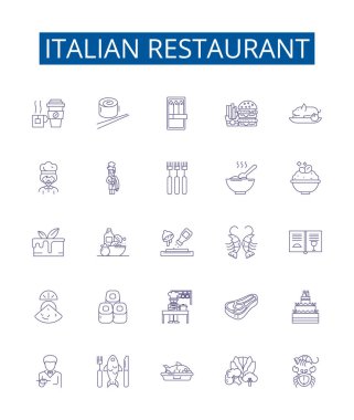 İtalyan restoran çizgisi simgeleri ayarlandı. İtalyan, restoran, mutfak, makarna, pizza, ekmek, sarımsak, fesleğen ana konsept çizimleri tasarım koleksiyonu