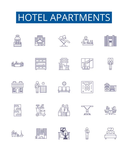 ホテルのアパートラインアイコンが設定されます デザインコレクションのホテル アパート 宿泊施設 宿泊施設 スイート レジデンス ホステル フラットアウトラインベクトルコンセプトイラスト — ストックベクタ