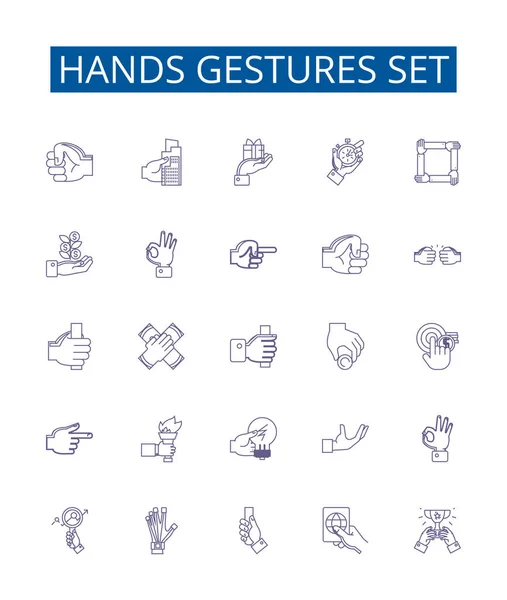 stock vector Hands gestures set line icons signs set. Design collection of Gesticulate, Waving, Pointing, Grasping, Clasping, Signaling, Flourishing, Flicking outline vector concept illustrations