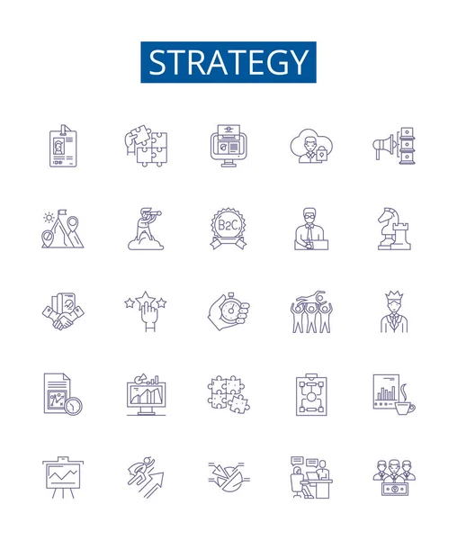 Línea Estrategia Iconos Signos Establecidos Diseño Colección Planificación Método Tácticas — Archivo Imágenes Vectoriales