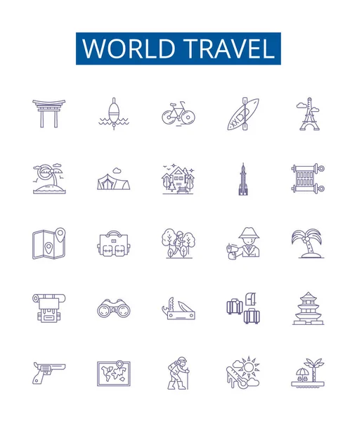 Ikony World Travel Line Ustawione Kolekcja Projektów Voyage Tour Expedition — Wektor stockowy