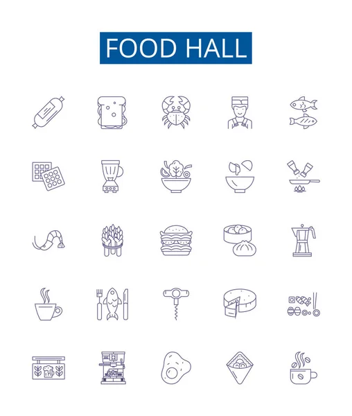 Stock vector Food hall line icons signs set. Design collection of Cafeteria, Delicatessen, Restaurant, Bistro, Eatery, Stall, Cuisine, Deli outline vector concept illustrations