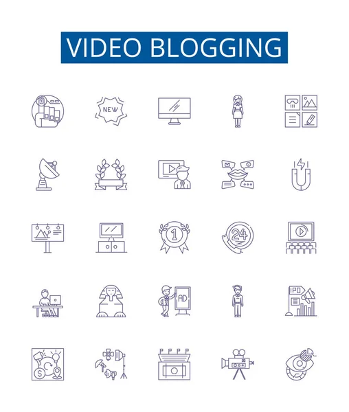 视频博客线图标设置 Vlog Video Blog Videoblogging Videocasting Vlog Vloggers Video Podcasting — 图库矢量图片