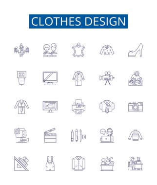 Kıyafet tasarım çizgisi simgeleri ayarlandı. Giysi, giysi, giysi, giysi, giysi, kıyafet, kostüm, stil ana tasarım vektör çizimleri koleksiyonu