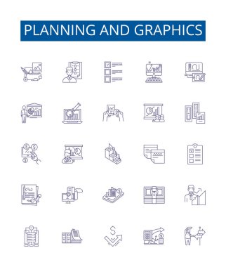 Planlama ve grafik çizgisi simgeleri ayarlandı. Tasarım Koleksiyonu, Planlama, Grafikler, Tasarım, Düzen, Strateji, Görselleştirme, Yaratıcılık, Örgütlenme ana hatları vektör çizimleri