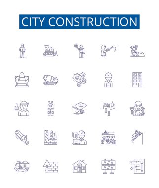 Şehir inşaat çizgisi simgeleri ayarlandı. Kentsellik, mimarlık, altyapı, yapı, yapı, belediye, metropol, konut, sivil ana hatlar vektör çizimleri tasarımı