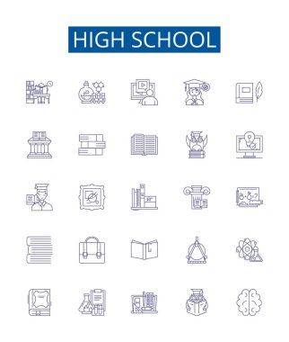 Lise çizgisi simgeleri ayarlandı. Eğitim, Akademi, Okul, Öğrenim, Ortaöğretim, Diploma, Sınıf, Gençlerin Tasarım Koleksiyonu