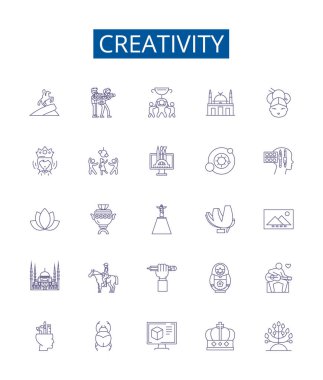 Yaratıcılık çizgisi simgeleri ayarlandı. Innovate, Imagination, Orijinality, Inspire, Design, Artistic, Invention, Think Outline vektör çizimleri tasarımı