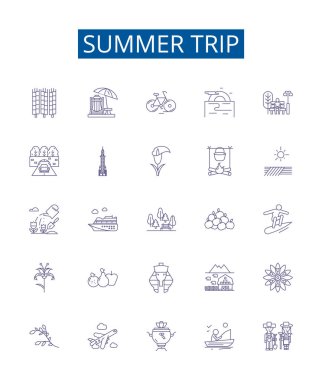 Yaz tatili simgeleri ayarlandı. Tatil, Kaçış, Eğlence, Isı, Keşif, Rahatla, Güneş, Plaj ana hatları vektör çizimleri tasarımı