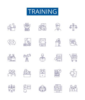 Eğitim çizgisi simgeleri ayarlandı. Eğitim, Koçluk, Eğitim, Eğitim, Sondaj, Eğitim, Öğretmenlik, Egzersiz ana hatları vektör çizimleri tasarımı