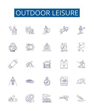 Açık hava eğlence çizgisi simgeleri ayarlandı. Kamp, Yürüyüş, Balıkçılık, Kayak, Bisiklet, Yüzme, Tekne, Tırmanış konsepti çizimleri