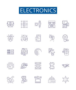Elektronik hat simgeleri ayarlandı. Elektronik, aygıt, teknoloji, cihazlar, aygıtlar, aygıtlar, konsollar, devre, bileşenler ana konsept çizimleri tasarım koleksiyonu
