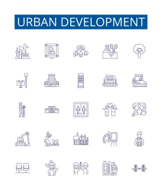 Urban development line icons signs set. Design collection of , Urbanization, Planning, Infrastructure, Transportation, Neighborhoods, Growth, Gentrification outline vector concept illustrations clipart
