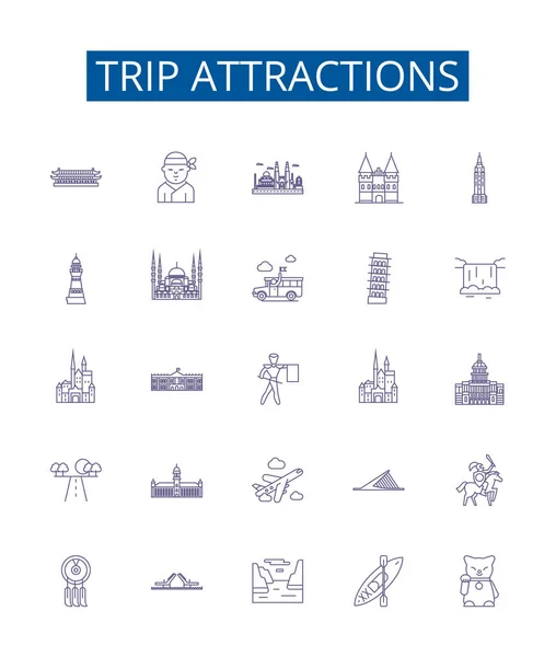 Atracciones Viaje Línea Iconos Letreros Establecidos Diseño Colección Turismo Turismo — Vector de stock