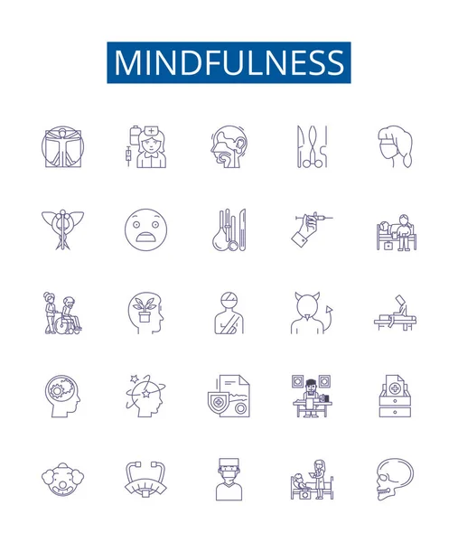 Mindfulness Linha Ícones Sinais Definidos Coleção Design Consciência Concentração Aceitação — Vetor de Stock