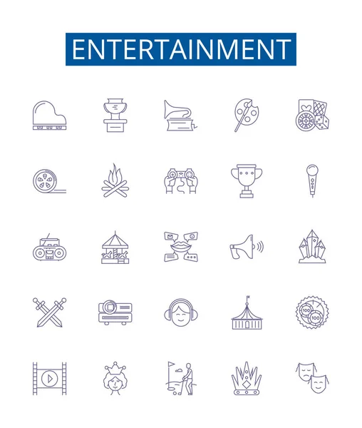 Línea Entretenimiento Iconos Letreros Establecidos Diseño Colección Juegos Películas Teatro — Vector de stock