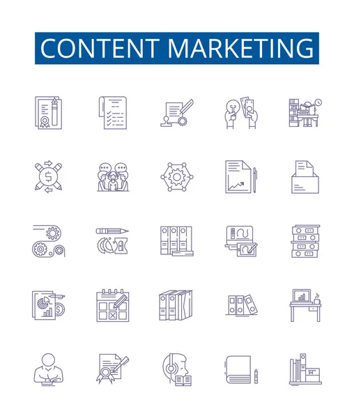 Σήμανση Εικονιδίων Γραμμής Περιεχομένου Design Collection Content Marketing Strategy Distribution — Διανυσματικό Αρχείο