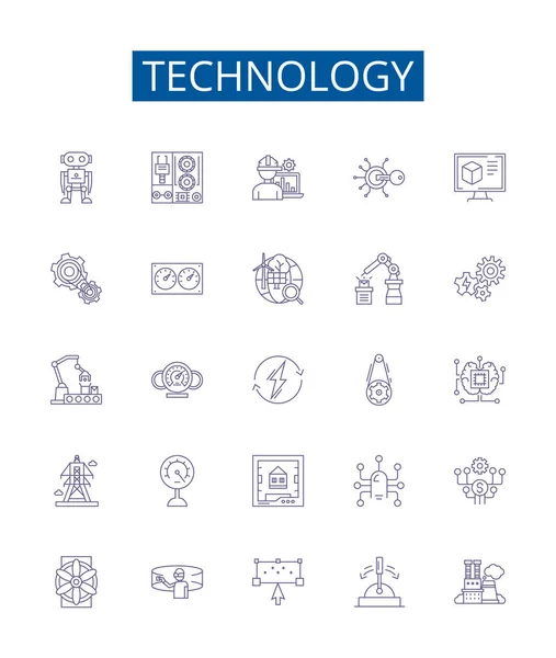 Línea Tecnología Iconos Letreros Establecidos Diseño Colección Tech Gadget Electrónica — Vector de stock