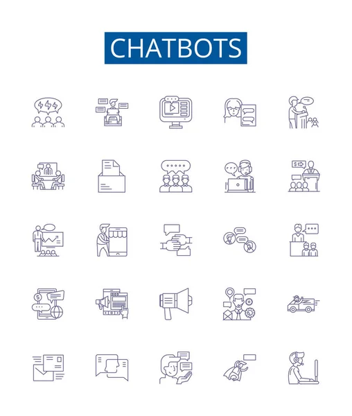 チャットボットのラインアイコンが設定されます Chatbots Artifical Intelligence Automated Conversational Interface Learning Machineアウトラインベクトルのコンセプトイラスト — ストックベクタ