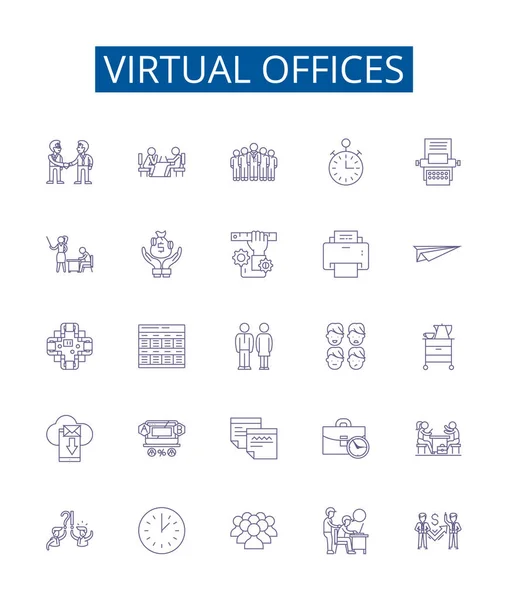 Ikony Řádku Virtuálních Kanceláří Nastaveny Design Kolekce Virtuální Kanceláře Vzdálené — Stockový vektor