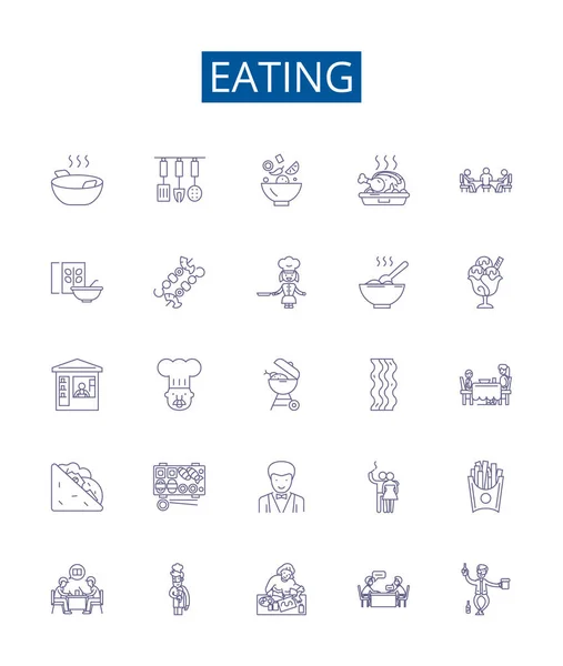 Eating Line Icons Signs Set Design Collection Munching Scoffing Chewing — Stock Vector