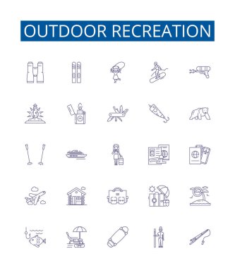 Açık hava eğlence çizgisi simgeleri ayarlandı. Yürüyüş, Kamp, Balıkçılık, Kayak, Tekne, Bisiklet, Tırmanma, Avcılık ana hatları çizim çizimleri