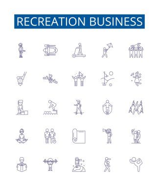 Recreation business line icons signs set. Design collection of Recreation, Entertainment, Amusement, Sports, Leisure, Adventure, Outdoor, Gaming outline vector concept illustrations