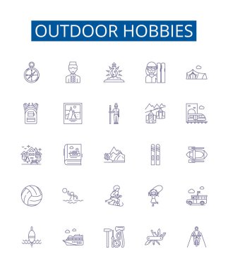 Açık hava hobileri çizgi simgeleri ayarlandı. Yürüyüş, Kamp, Balıkçılık, Avcılık, Tırmanma, Kayak, Kano, Sörf, vektör çizimleri tasarımı
