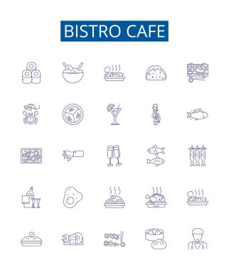 Bistro kafe çizgisi simgeleri ayarlandı. Bistro, Cafe, Yemek, Restoran, Mutfak, Kahve, Kahvaltı, Öğle Yemeği ana hatları vektör çizimleri tasarımı
