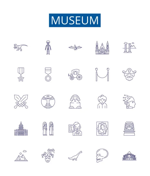 Conjunto Letreros Iconos Línea Museo Colección Diseño Galería Monumento Archivo — Vector de stock