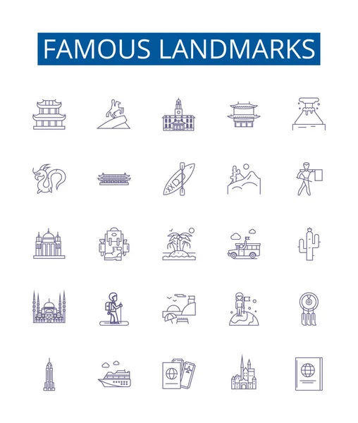 Famous Landmarks Line Icons Signs Set Design Collection Monument Tower — Stock Vector