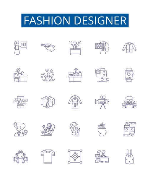 Créateur Mode Ligne Icônes Signes Ensemble Collection Design Designer Couturier — Image vectorielle