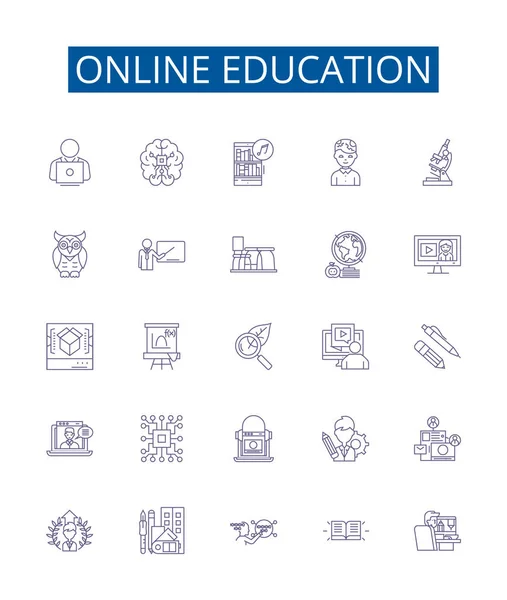 Online Education Line Icons Signs Set Design Collection Elearning Remote — Stock Vector