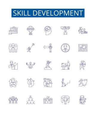 Yetenek geliştirme çizgisi simgeleri ayarlandı. Eğitim, Koçluk, Öğrenme, Akıl hocalığı, Geliştirme, Geliştirme, Geliştirme, Güçlendirme ana hatlı vektör çizimleri tasarımı