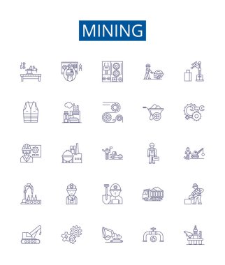 Madencilik çizgisi simgeleri ayarlandı. Çıkarma, kazma, Unear, Bulma, Sondaj, Deneme, Taş ocağı, Panning ana taslak çizim çizimleri tasarım koleksiyonu
