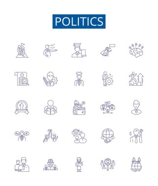 Siyaset çizgisi simgeleri belirlendi. Politika, Yönetim, Diplomasi, Devlet Tasarımı, Seçim, Yasama, Politika, Yönetici ana hatları vektör çizimleri tasarımı