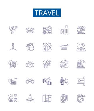 Seyahat çizgisi simgeleri ayarlandı. Tur, Tatil, Trip, Journey, Explorer, Macera, Sırt çantası, Yürüyüş ana hatları vektör çizimleri tasarımı