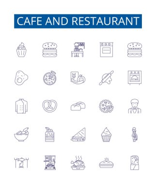 Kafe ve restoran çizgisi simgeleri ayarlandı. Kafe, restoran, mutfak, menü, malzemeler, tarifler, hazırlık, sunum taslağı çizimleri tasarım koleksiyonu