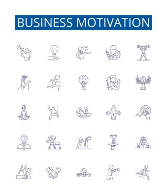 İş motivasyon çizgisi simgeleri ayarlandı. Motivasyon, Sürüş, İlham, İlerleme, Başarı, Zafer, Hırslı, Aspire ana hatları vektör çizimleri tasarım koleksiyonu