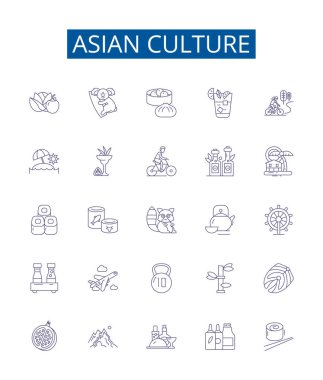Asya kültür çizgisi simgeleri ayarlandı. Asya, Kültür, Japonya, Çin, Hindistan, Pirinç, Mutfak, Tapınak ana hatları vektör çizimleri koleksiyonu